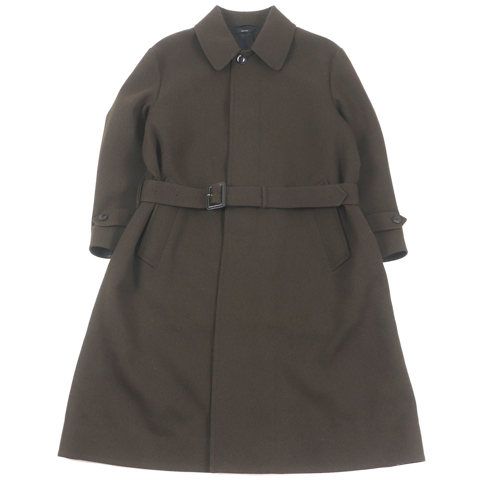 TOM FORD Leather Detail Fly-Front Belted Raglan Coat / Khaki Size 52