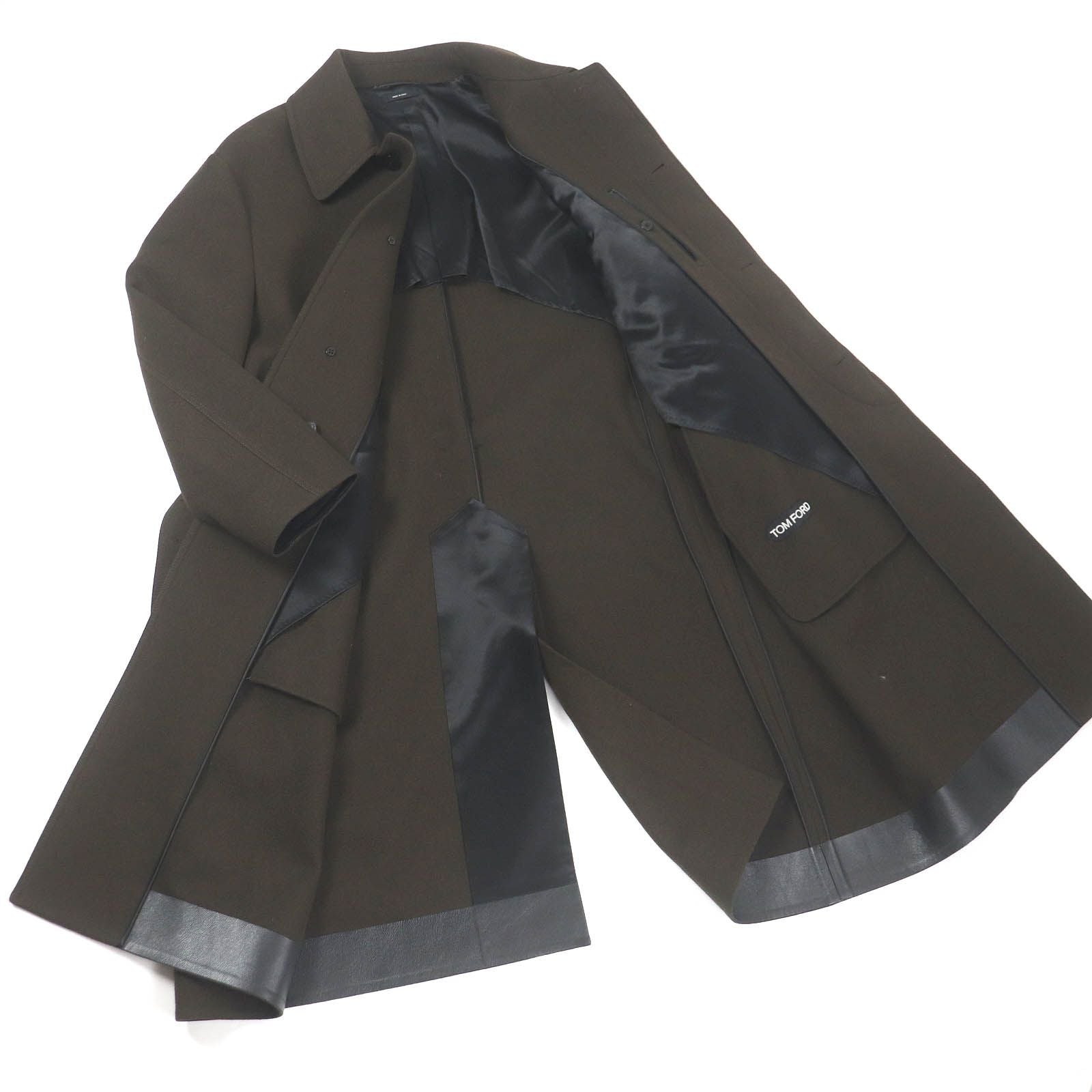 TOM FORD Leather Detail Fly-Front Belted Raglan Coat / Khaki Size 52