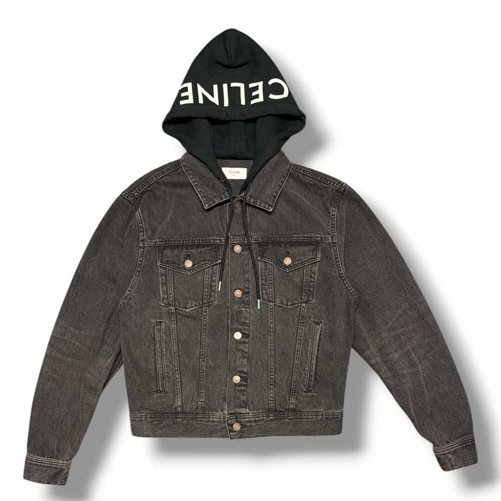 CELINE Hood Logo Print Trucker Jacket / Black Denim Size S