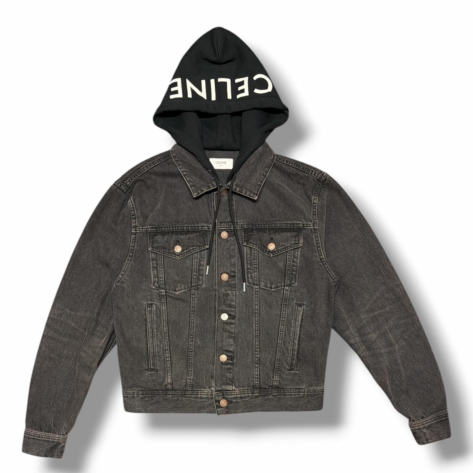 CELINE Hood Logo Print Trucker Jacket / Black Denim Size S