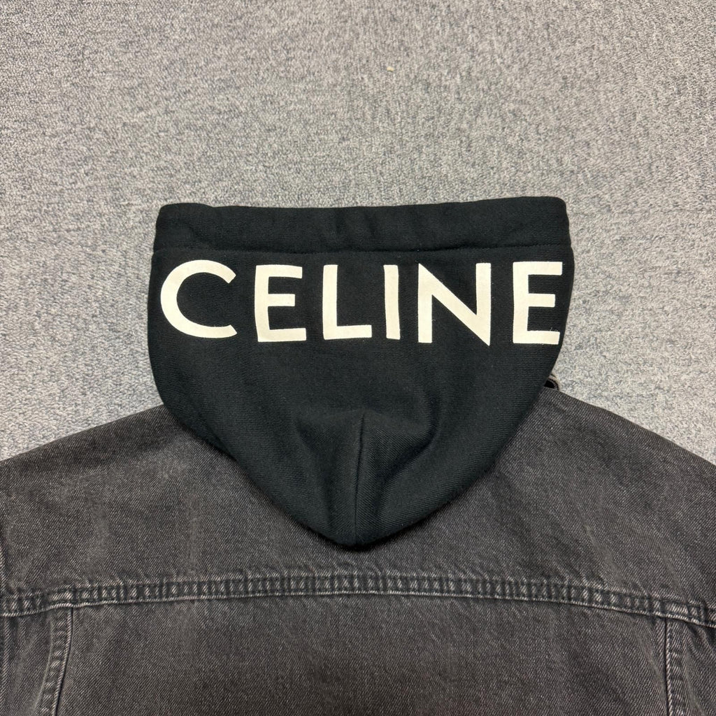 CELINE Hood Logo Print Trucker Jacket / Black Denim Size S
