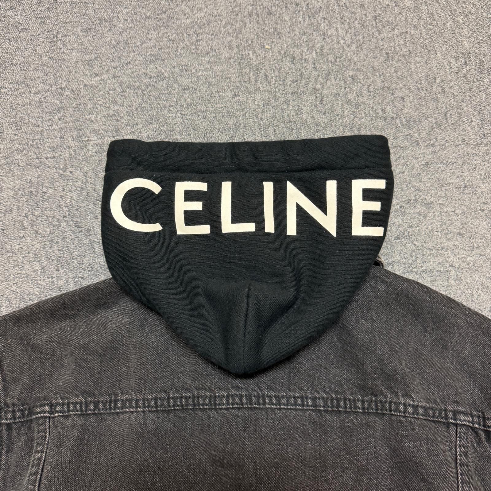 CELINE Hood Logo Print Trucker Jacket / Black Denim Size S