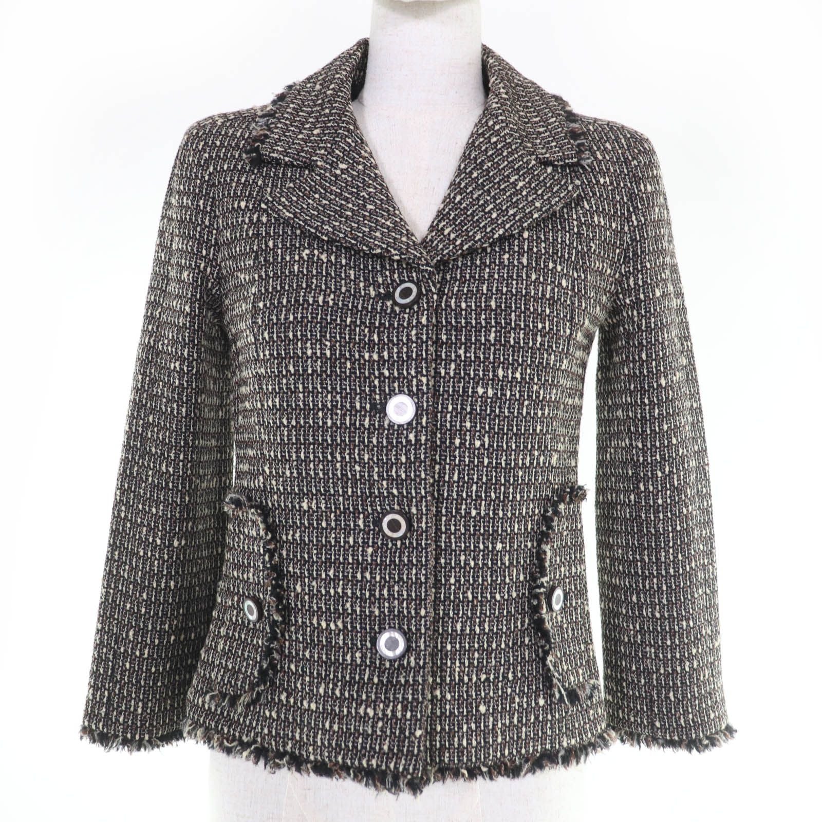 CHANEL Vintage 03A Wool Wood Shell Logo Button Tweed Jacket Brown Size 34