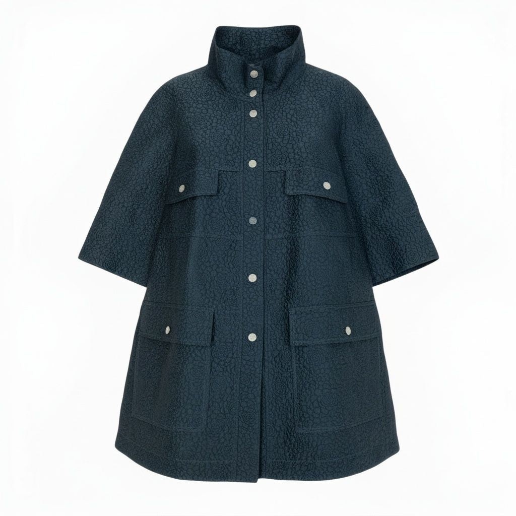 CHANEL 2014 Camellia CC Stand Collar Jacket Coat Navy Size 38