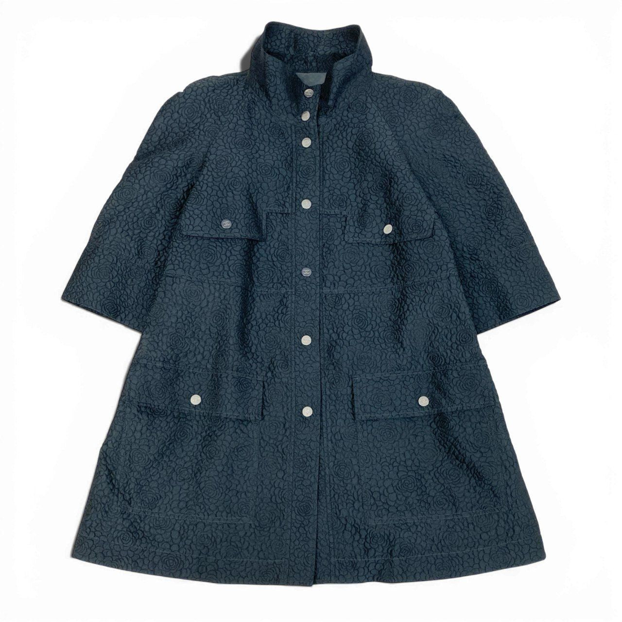 CHANEL 2014 Camellia CC Stand Collar Jacket Coat Navy Size 38