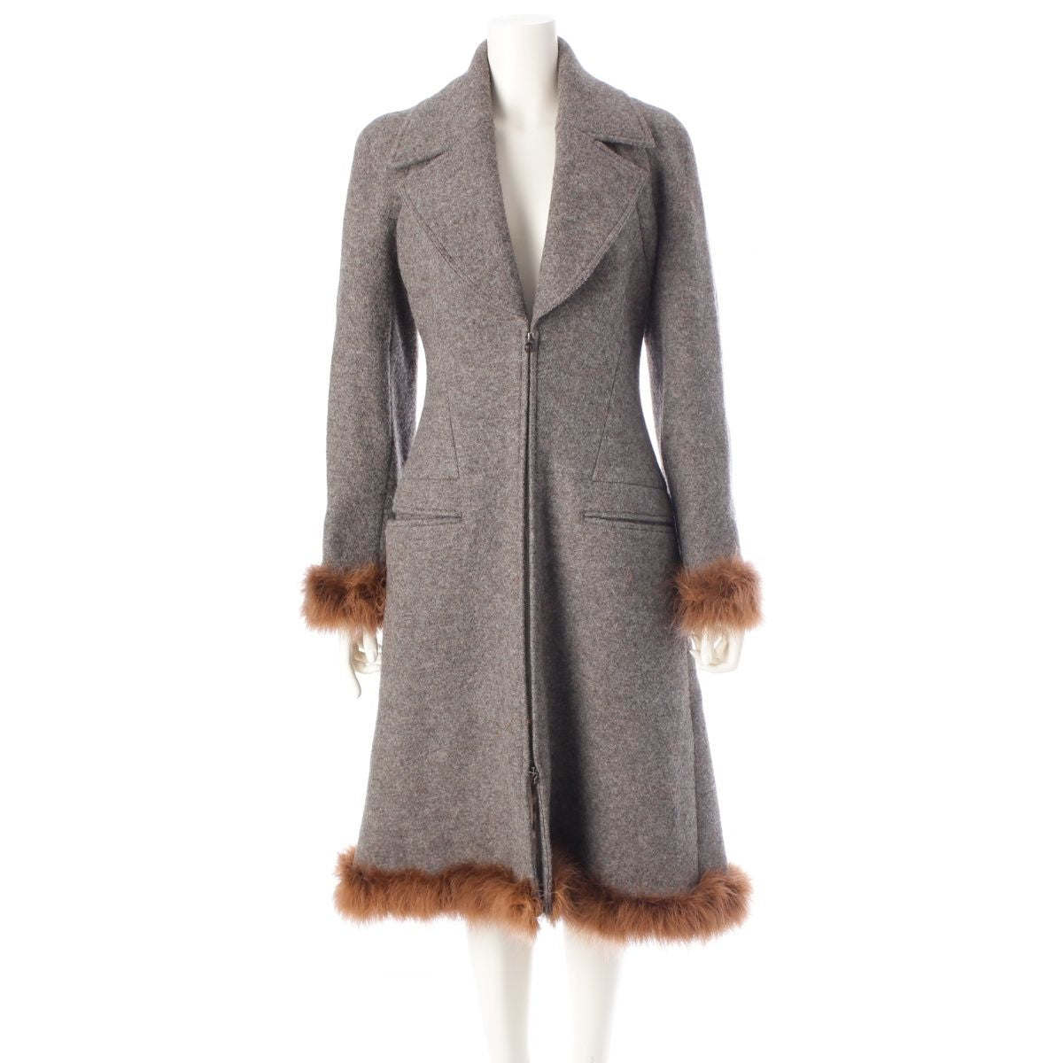 CHANEL Vintage 97A Wool Fur Trim Long Coat Grey Size 38