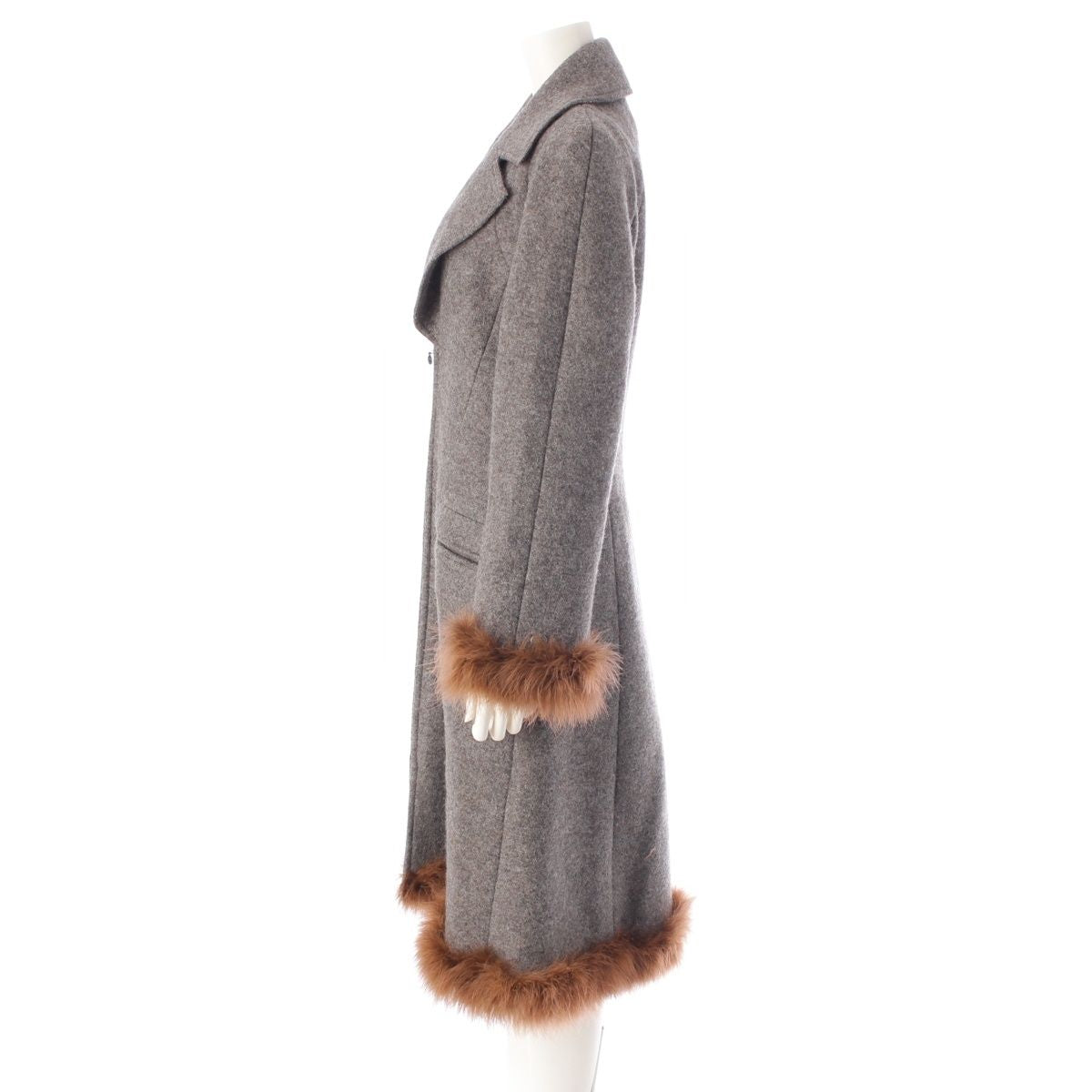 CHANEL Vintage 97A Wool Fur Trim Long Coat Grey Size 38