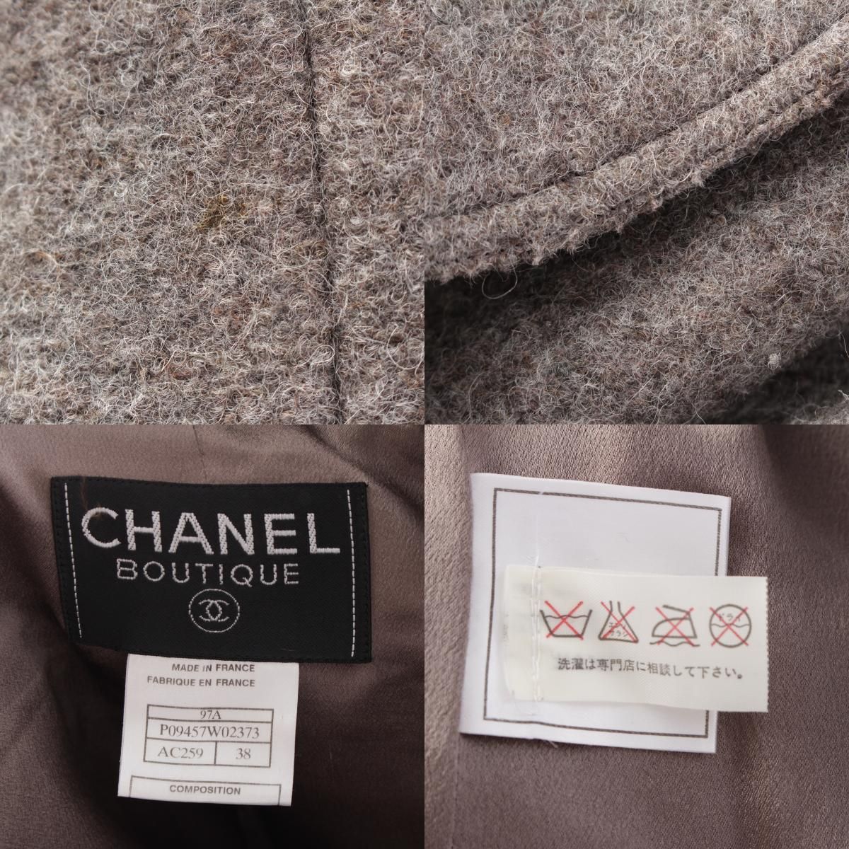 CHANEL Vintage 97A Wool Fur Trim Long Coat Grey Size 38