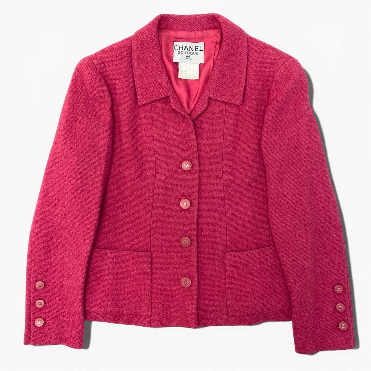 CHANEL Vintage 1996 Tweed Jacket COCO Button Pink Size 38