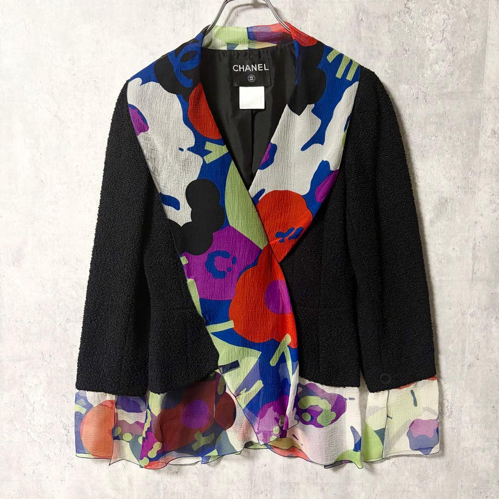 CHANEL Silk Panel Tweed Jacket Silk Frill Size 34