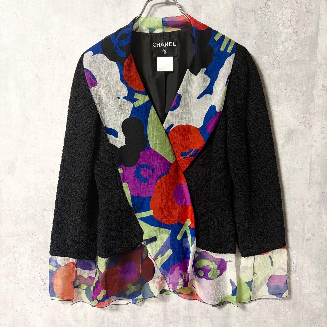 CHANEL Silk Panel Tweed Jacket Silk Frill Size 34