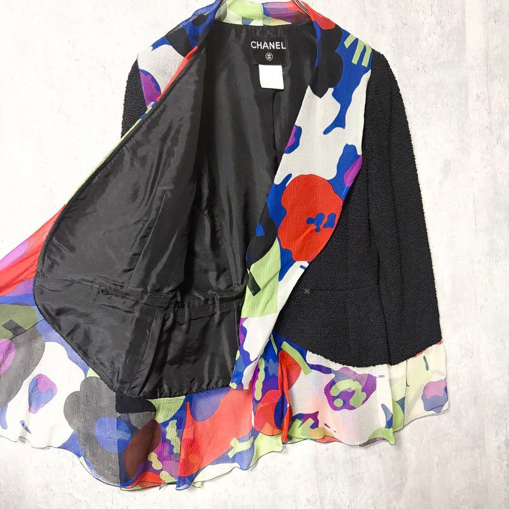 CHANEL Silk Panel Tweed Jacket Silk Frill Size 34
