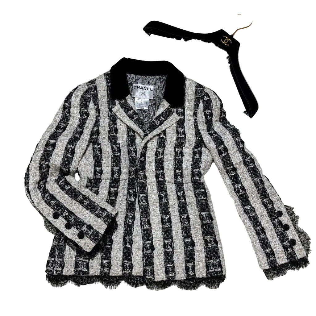 CHANEL Silk Tweed Stripe Jacket Lace Lining Size 36