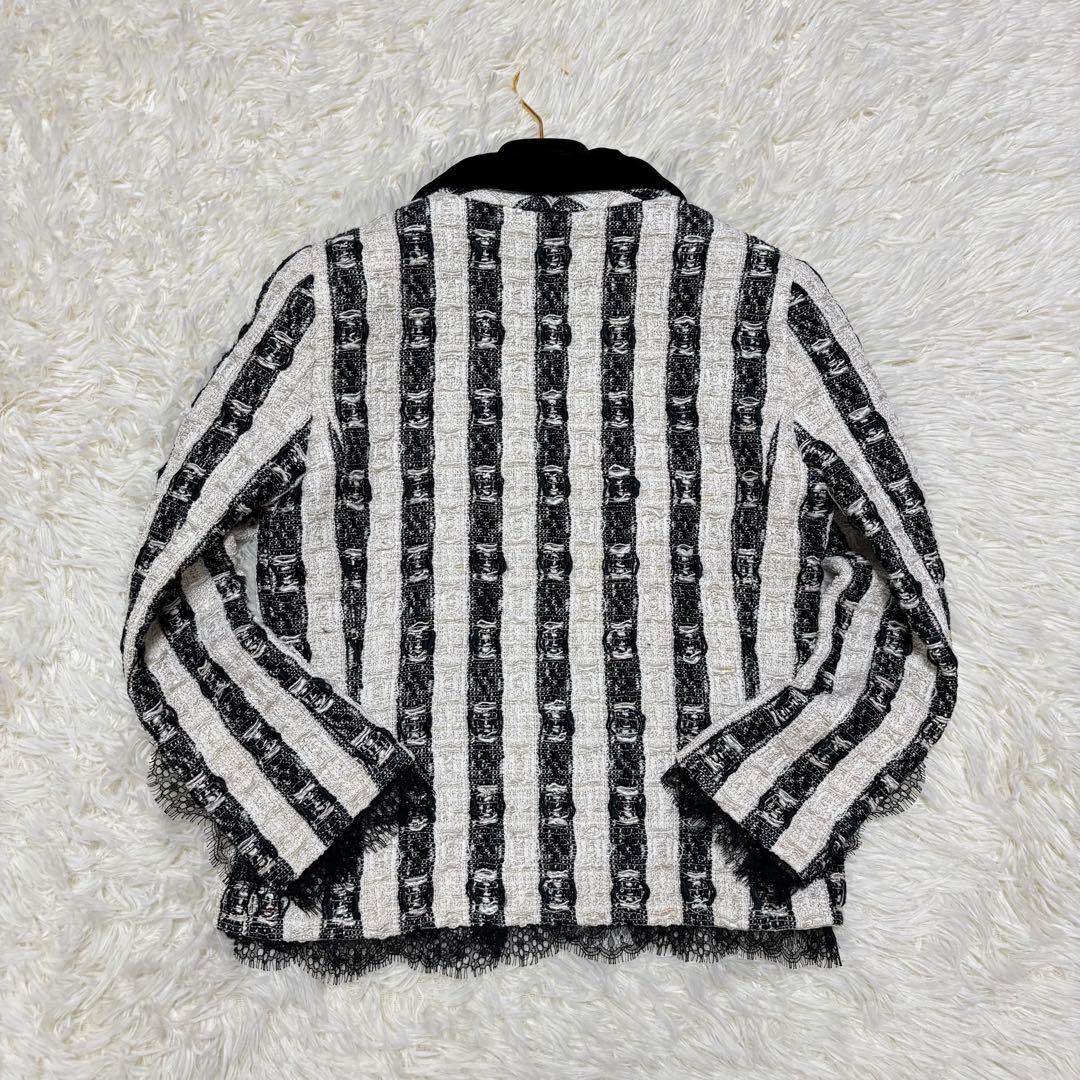 CHANEL Silk Tweed Stripe Jacket Lace Lining Size 36